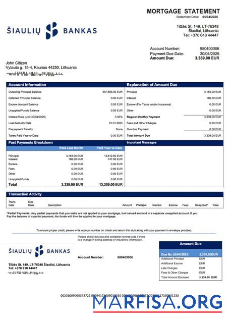 Downloadable Lithuania AB Šiaulių bankas mortgage statement Word and PDF template